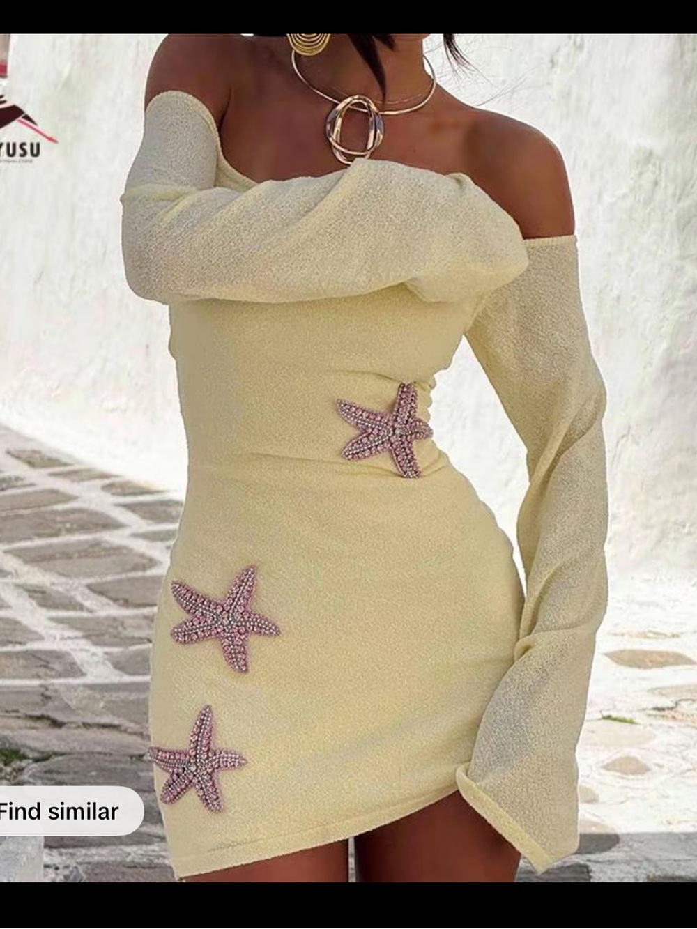 Yellow Off-Shoulder Starfish Embellished Mini Dress NWT